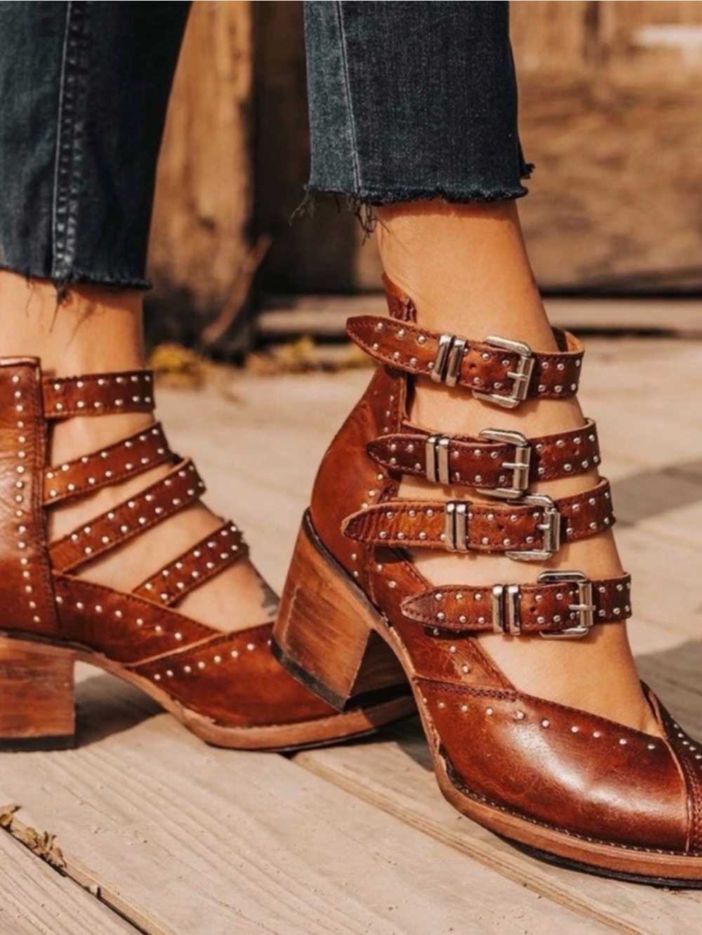 Freebird Felicity Boot 8 Cognac Brown Strap Buckle Western Bohemian Cowgirl Chic - Picture 2 of 14